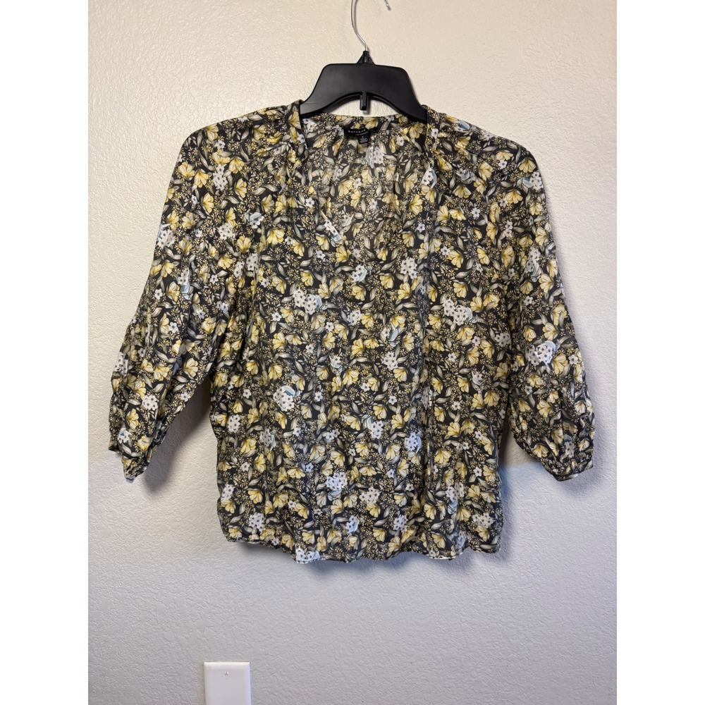 Current Air Los Angeles Floral V-Neck Blouse Yellow Grey 3/4 Sleeve Small